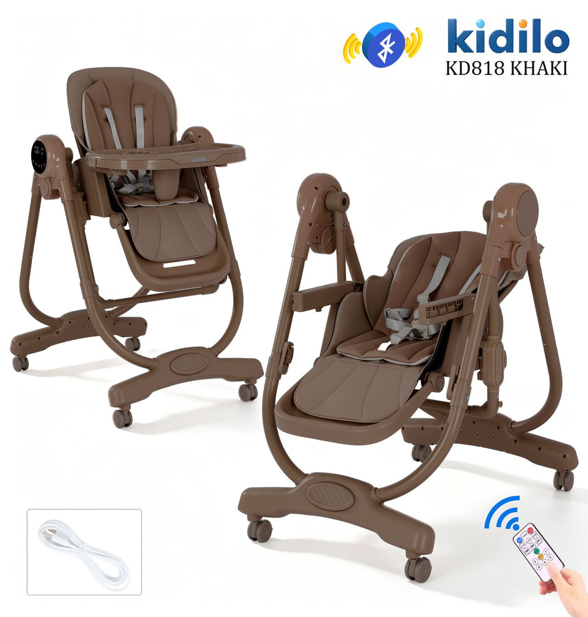 Kidilo KD818 Electric Baby High Chair & Swing with Bluetooth and Remote Control | كرسي طعام ومرجيحة أطفال كهربائية كيديلو KD818 بالبلوتوث والريموت