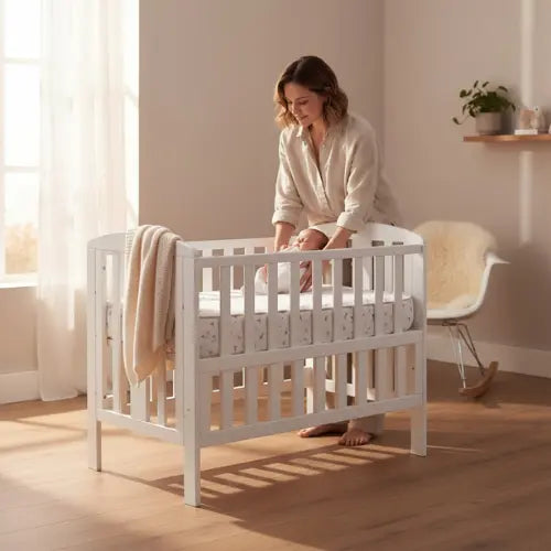 Multifunctional baby Bed 3-in-1 –Rocking Function, Wood Crib with 3 Height Levels, Sliding Side, Foldable & Free Mattress
