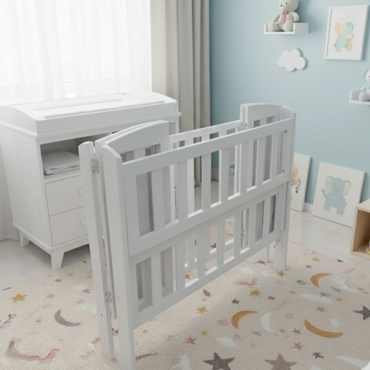 Multifunctional baby Bed 3-in-1 –Rocking Function, Wood Crib with 3 Height Levels, Sliding Side, Foldable & Free Mattress